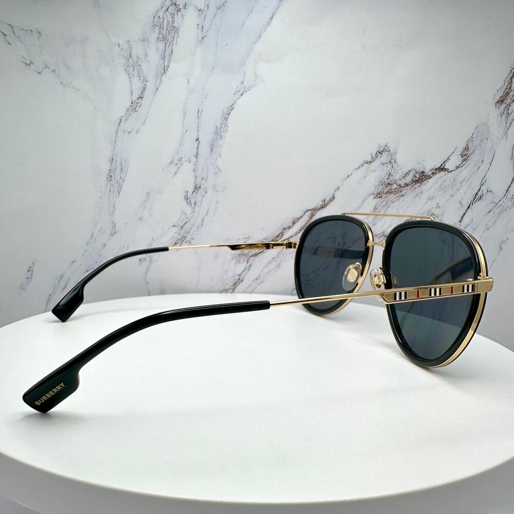 New Burberry Sunglasses Polarized Gold Black Check Arms Aviator Pilot Metal - Picture 15 of 16